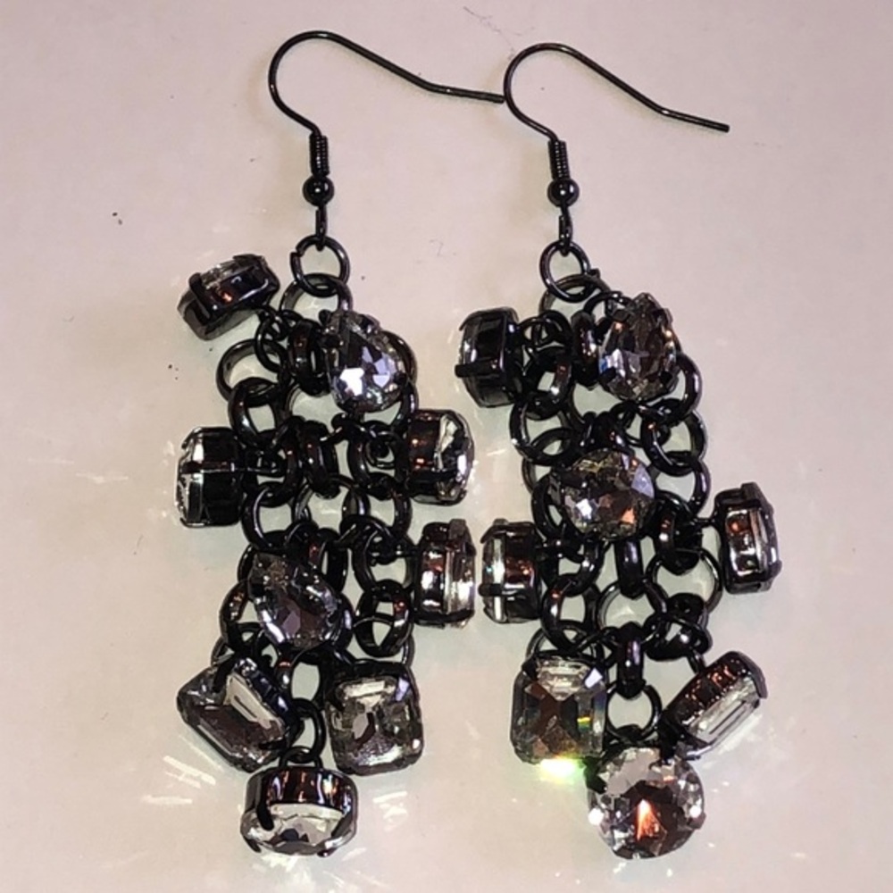 Elegant Dark Metal Black and Rhinestone Boho Dangle Earrings